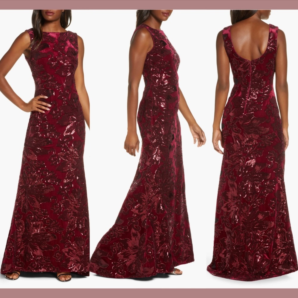 NEW $268 Eliza J‎ [ 16 ] Sleeveless Velvet Embroidered Gown in Wine Red
